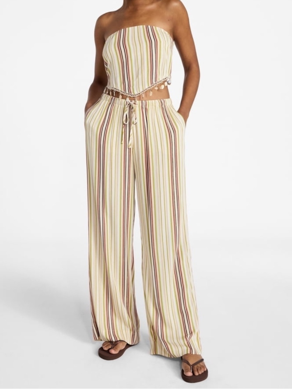 No Boundaries Cream Multi-Stripe Strapless Jumpsuit
